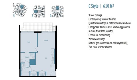 A floor plan for a C Style 610 ft2 property with a list of features.